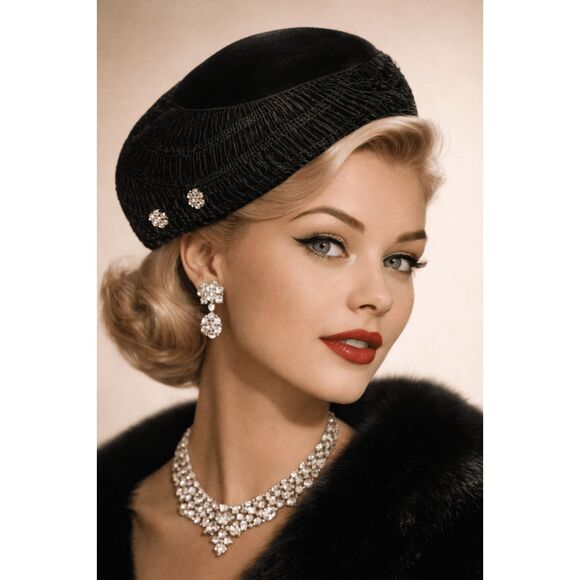 Vintage 1950s Black Velveteen Rhinestone Hat with Inner Fit